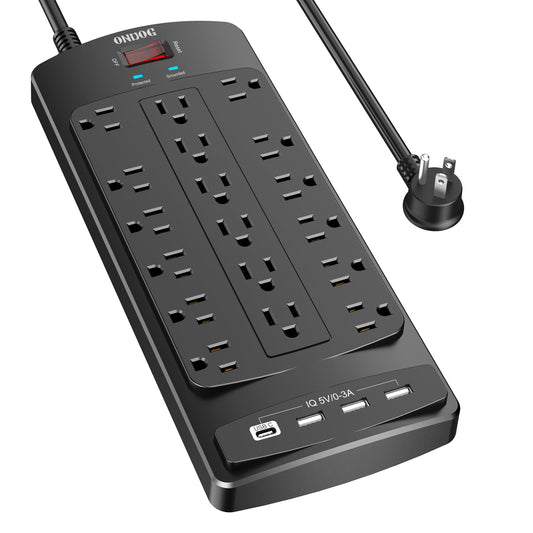 Surge Protector Power Strip(2100J) - 18 Outlets and 4 USB Ports (1875W/15A), 6ft Power Cord for Home, Office, Dormitory, Black