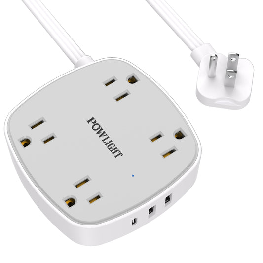 Flat Plug Power Strip with USB, 4 Outlets + 3 USB Ports (1 USB-C), 6FT Ultra-Thin Flat Cord, Surge Protection for Bedroom, Desk, Travel Use
