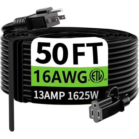 50Ft Outdoor Extension Cord, 16/3 Indoor/Outdoor Waterproof Cold-Resistant Extension Cord, 13A 1625W 16AWG SJTW, Flexible 3-Conductor Heavy-Duty Cable, ETL Certified